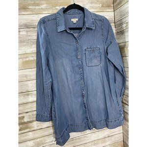 j jill denim Button Down Top Sz M straight hem bottom Button Cup Sleeves Pockets